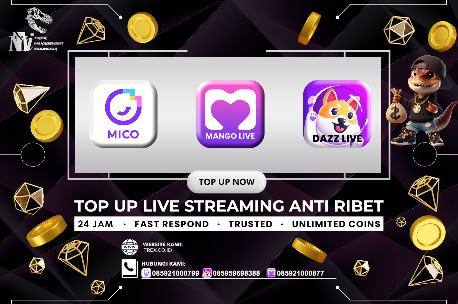 Top Up Mico, Mango, Dazz Live Termurah Anti Ribet di Trex Management Indonesia - 24 Jam Online Terus dan Fast Respond.